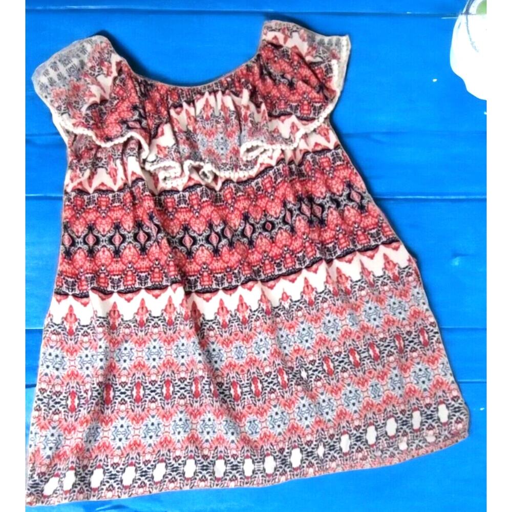 Faded Glory Women's Peasant Top L Red Blue Floral Scoop Neck Ruffle Crochet Trim